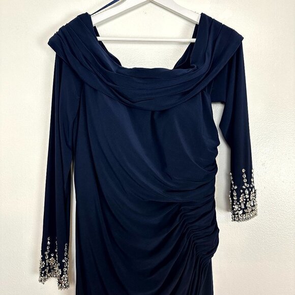 MAC DUGGAL One-Shoulder Long Sleeve Jersey Gown in Midnight Size US 14 - Picture 7 of 15